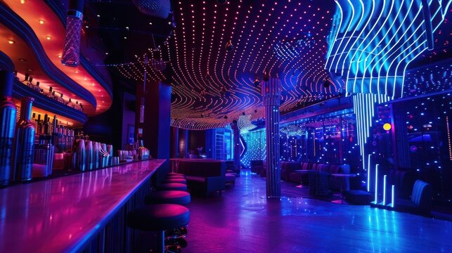 Modern nightclub with vibrant neon lights and futuristic interior, featuring a stylish bar and seating area under a dazzling ceiling display.