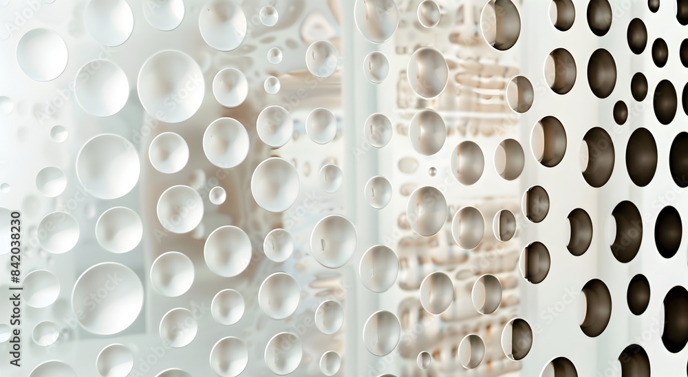 Poster an abstract pattern of circles and dots, a close up view of the surface with a white background, cir