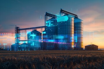Futuristic high-tech grain storage silos illuminated by digital interfaces at dusk