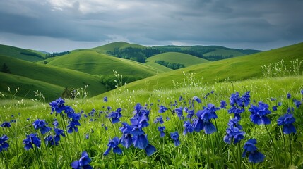 Obraz premium Elegant summer meadow with blue monkshoods and rolling green hills, ideal for copy space for text