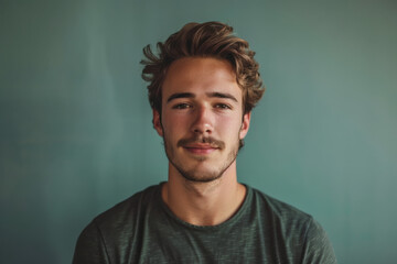 A close up portrait of a young man with a subtle smile