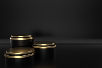 Black realistic 3D cylinder pedestal podium as a backdrop and glowing light.