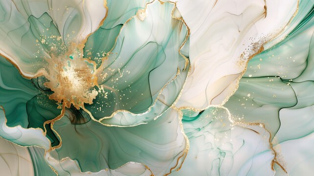 flower marble texture with abstract green, white, glitter and gold background alcohol ink colors