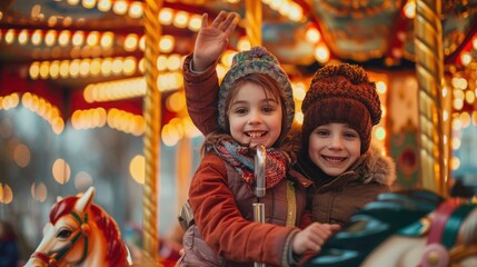Fototapeta premium Smiling children enjoying a festive carousel ride during winter holiday season, wearing warm clothes and woolen hats at an amusement park.