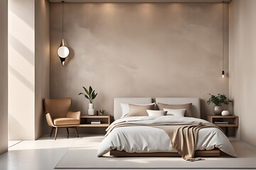 Minimalist interior design of modern bedroom with beige stucco wall.	