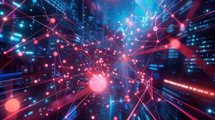 Fototapeta premium Abstract network technology and data communication concept with interconnected nodes and vibrant lights in a digital cityscape viewed at night