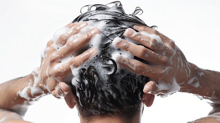 Naklejka premium Close-up of a man lathering his hair with shampoo creating thick foam ideal for hair care product advertisements and tutorials