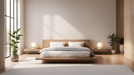 Minimalist interior design of modern bedroom with beige stucco wall.	