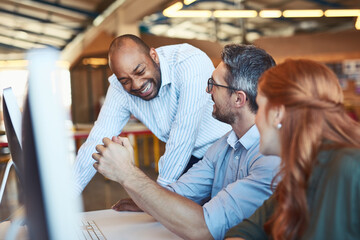 Business people, computer and funny with teamwork, mentor and ideas with joke, laughing and humor....