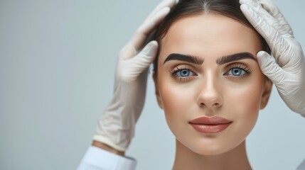 Fototapeta premium Beauty photography of a beautiful woman with white gloves gently touching her face against a soft background