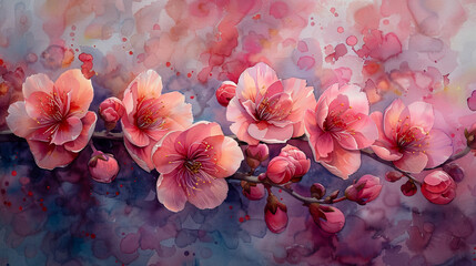 Blooming cherry blossoms in watercolor