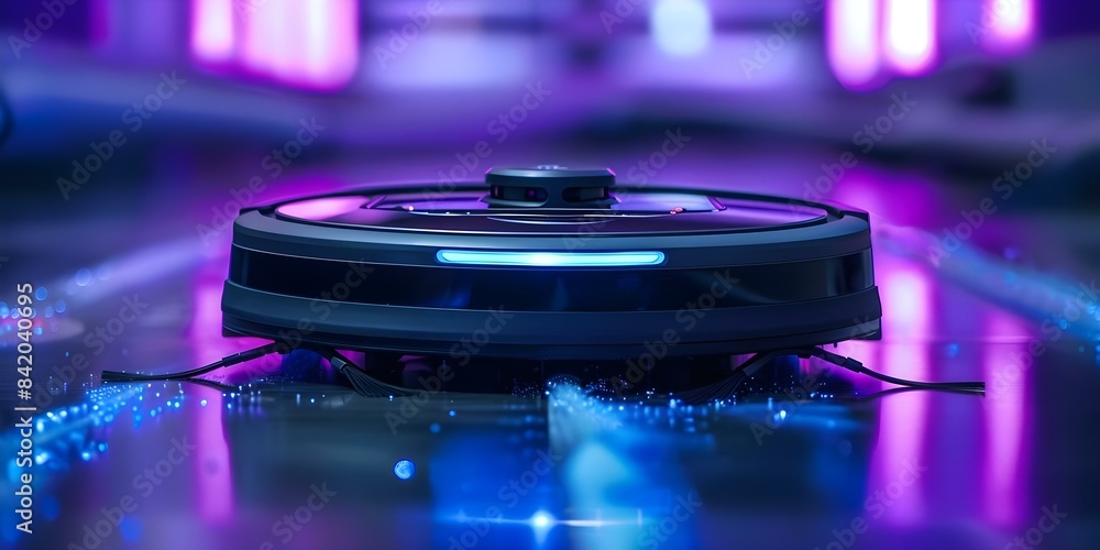 Poster robot vacuum cleaner with ai technology automates room cleaning process efficiently. concept robot v