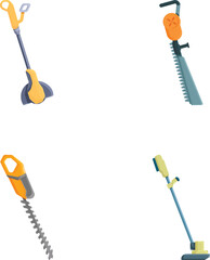 Garden trimmer icons set cartoon vector. Electric lawn mower and grass trimmer. Gardening equipment