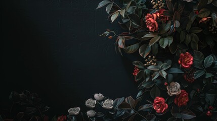 A black background with a bunch of red roses