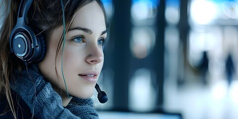 A friendly call center worker with over-ear headphones assists customers. Concept Customer service, Call center, Headphones, Assistance, Professionalism