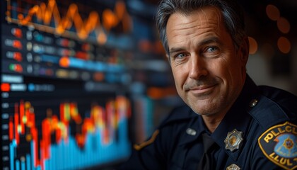 Pensive policeman with financial data graphs