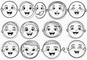 a set of colorful hand drawn faces printed in black and white