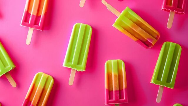 A row of colorful popsicles with green, yellow, and red stripes. The popsicles are arranged in a pattern on a pink background