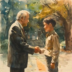 Obraz premium Sharing a Moment of Respect Father and Son in a Heartfelt Handshake