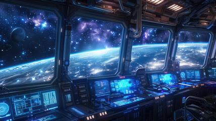 Obraz premium Futuristic Space Station Interior with Sleek Technology and Endless Stars Visible Through the Window, Floating in the Milky Way
