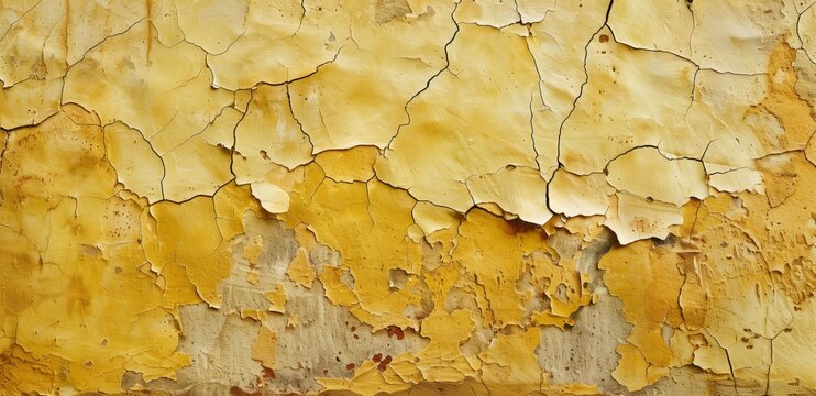 Close-Up of Yellowish Wall with Visible Cracks Highlighting Texture and Subtle Beauty Against Neutral Background