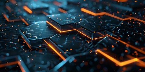 Digital Hexagon Glow, Abstract Background with Black, Blue, and Orange Hues, Evoking Technological Futurism