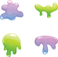 Liquid slime icons set cartoon vector. Colorful dripping slime stain. Jelly stain