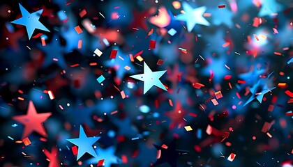 Illustration of vibrant American stars confetti for holiday celebration, dynamic blue and red sparkles,