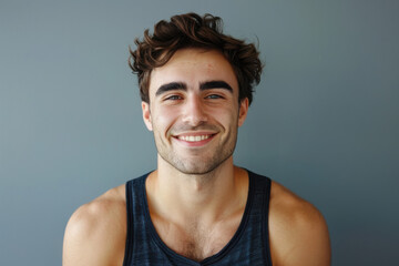 A close up portrait of a young man with a subtle smile