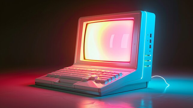 80s retro wave all-in-one computer illuminated by neon light against a black background.