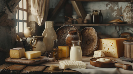 Generative AI - Different milk products in rustic style: cheese, milk, yogurt, cream, butter