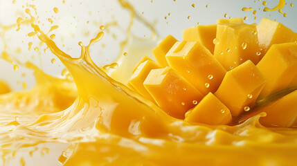 A slice of mango drops in orange juice, blending vibrant flavors