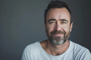 A close up portrait of a young man with a subtle smile