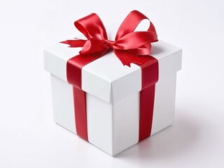 White gift box with red ribbon bow,isolated on white,