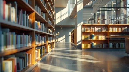 Sunlight streams through spacious modern library, illuminating rows of books on wooden shelves and casting shadows on a polished floor.