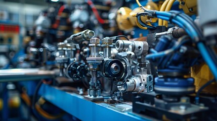 Fototapeta premium Robotic pneumatic piston sucker unit on an industrial machine, demonstrating automation in a compressed air factory production setting.