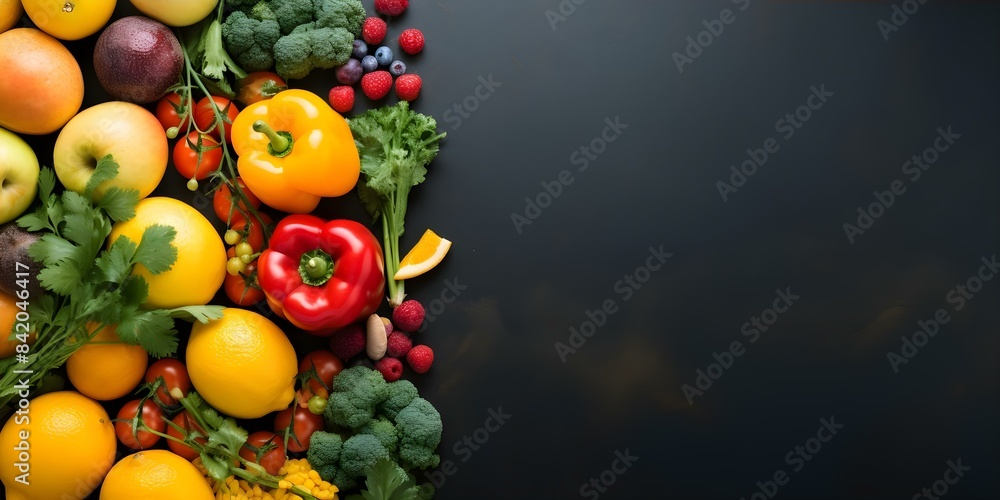 Poster assorted fruits and vegetables arranged in a flat lay composition on a colorful background. concept 