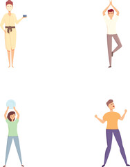 Stress management icons set cartoon vector. People deal with stress differently. Hobby, pastime