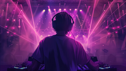 Obraz premium Generative AI illustration of a DJ with headphones playing music in a club with laser lights behind