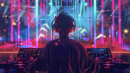 Obraz premium Generative AI illustration of a DJ with headphones playing music in a club with laser lights behind