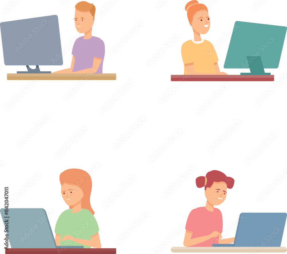 Poster software development icons set cartoon vector. software development specialist. programming concept