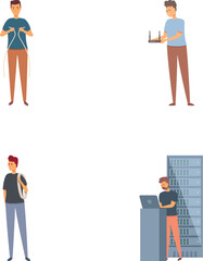 Upkeeping server icons set cartoon vector. Sysadmin adjusting network connection. Service maintenance