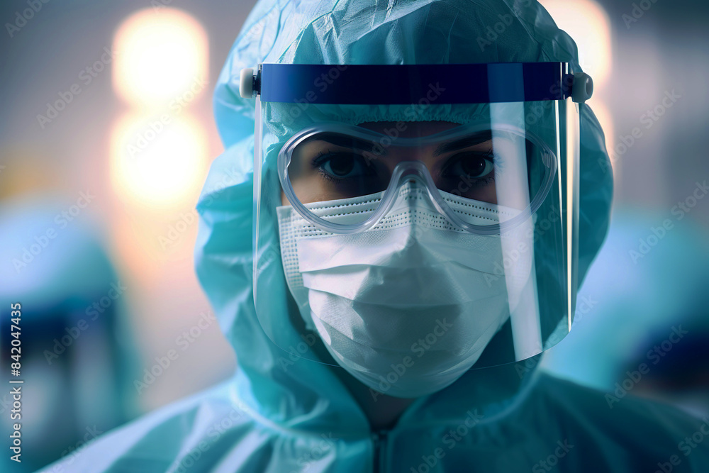 Wall mural portrait of woman scientist wearing face guard mask, 3 ply mask with goggles and protective uniform 