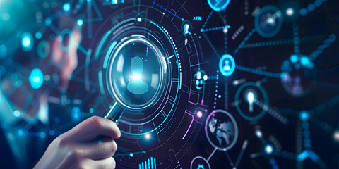 Obraz premium Know your customer (KYC) concept. Person use a magnifying glass focus to an identity verification system to Increase financial security and access personal financial data. Biometrics security design