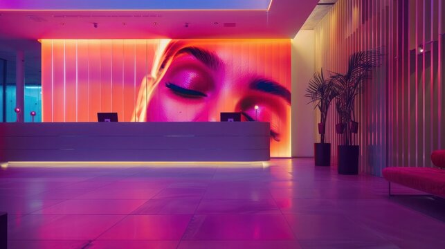 Modern reception area with illuminated LED screen displaying a close-up of a woman’s face. Lobby is brightly colored with pink and purple lights.