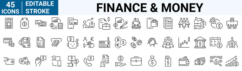 Finance money line web icons. Containing loan, cash, saving, financial goal. Editable stroke. 