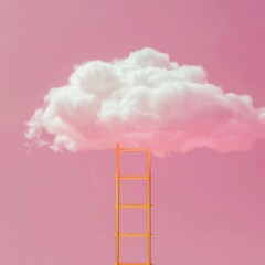 A wooden ladder leads to the clouds. The concept of growth, future, and development. Minimal pink composition.