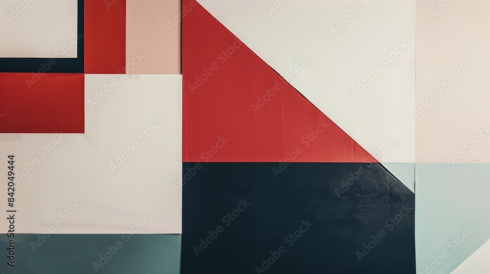 Poster composition of geometric shapes with a limited color palette. the shapes include rectangles and squa