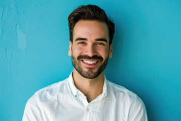 A close up portrait of a young man with a subtle smile