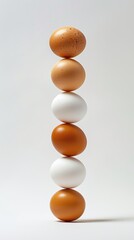 Balanced stack of brown and white eggs on a white background, minimalistic concept